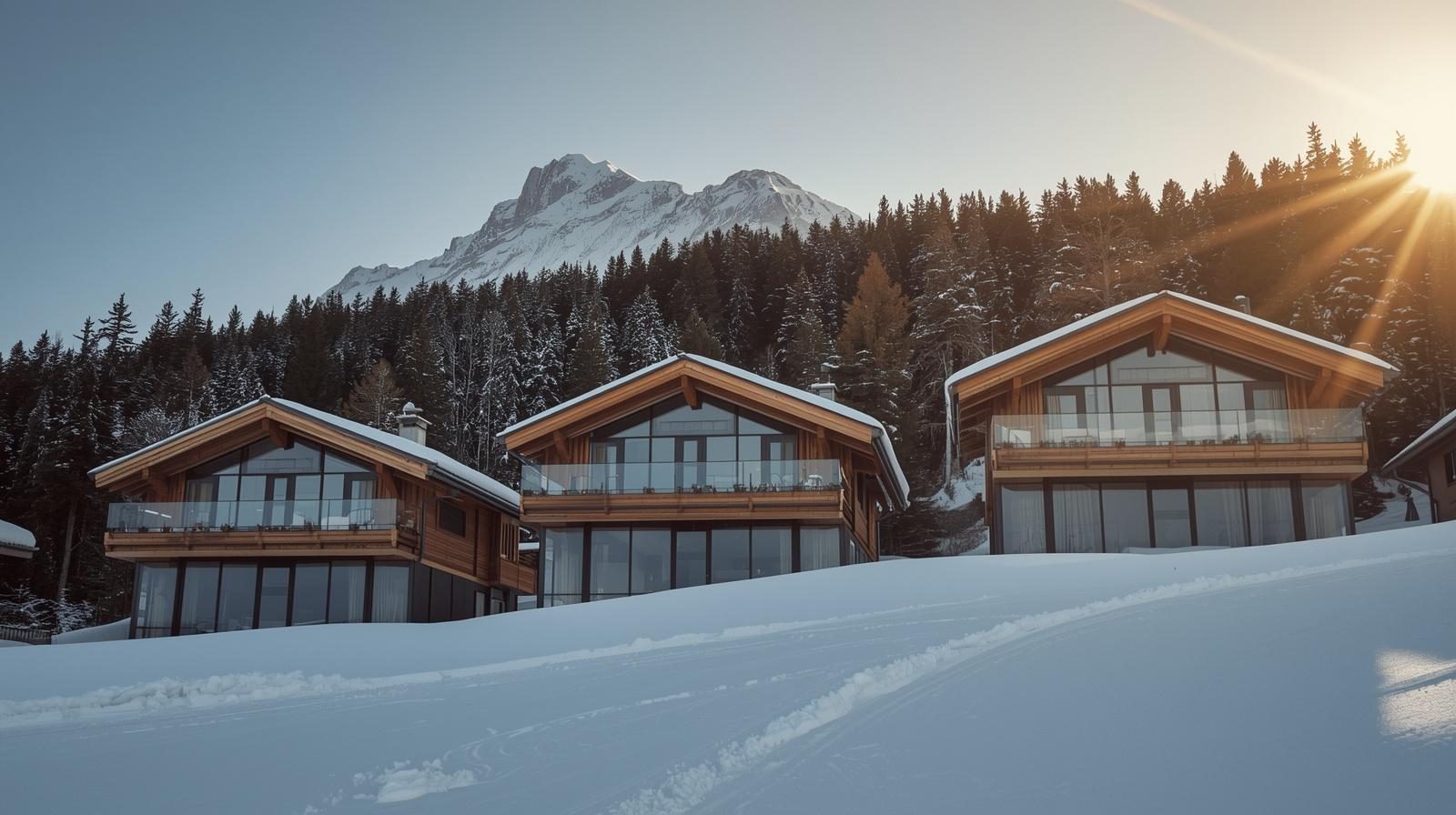 The three chalets in the snow, glazed façades and timber roofs facing Mont Blanc