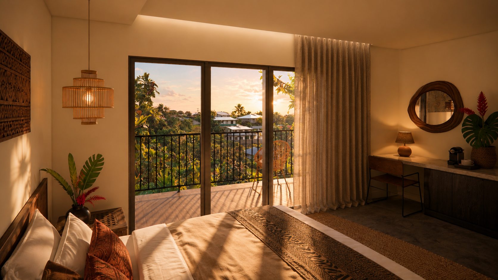 Chambre type ouverte sur la végétation au coucher du soleil