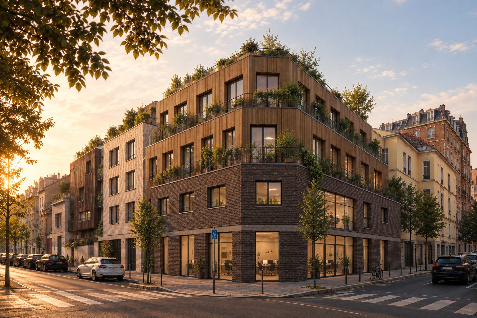 Angle de rue : socle brique, étages bois et terrasses plantées