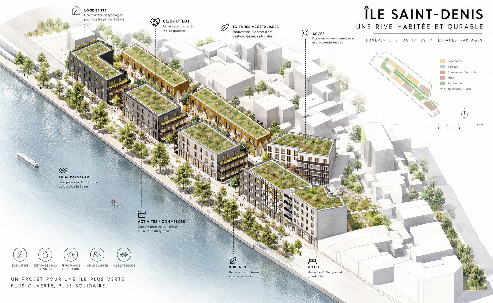Planche urbaine : îlots, quai paysager et toitures végétalisées sur la Seine